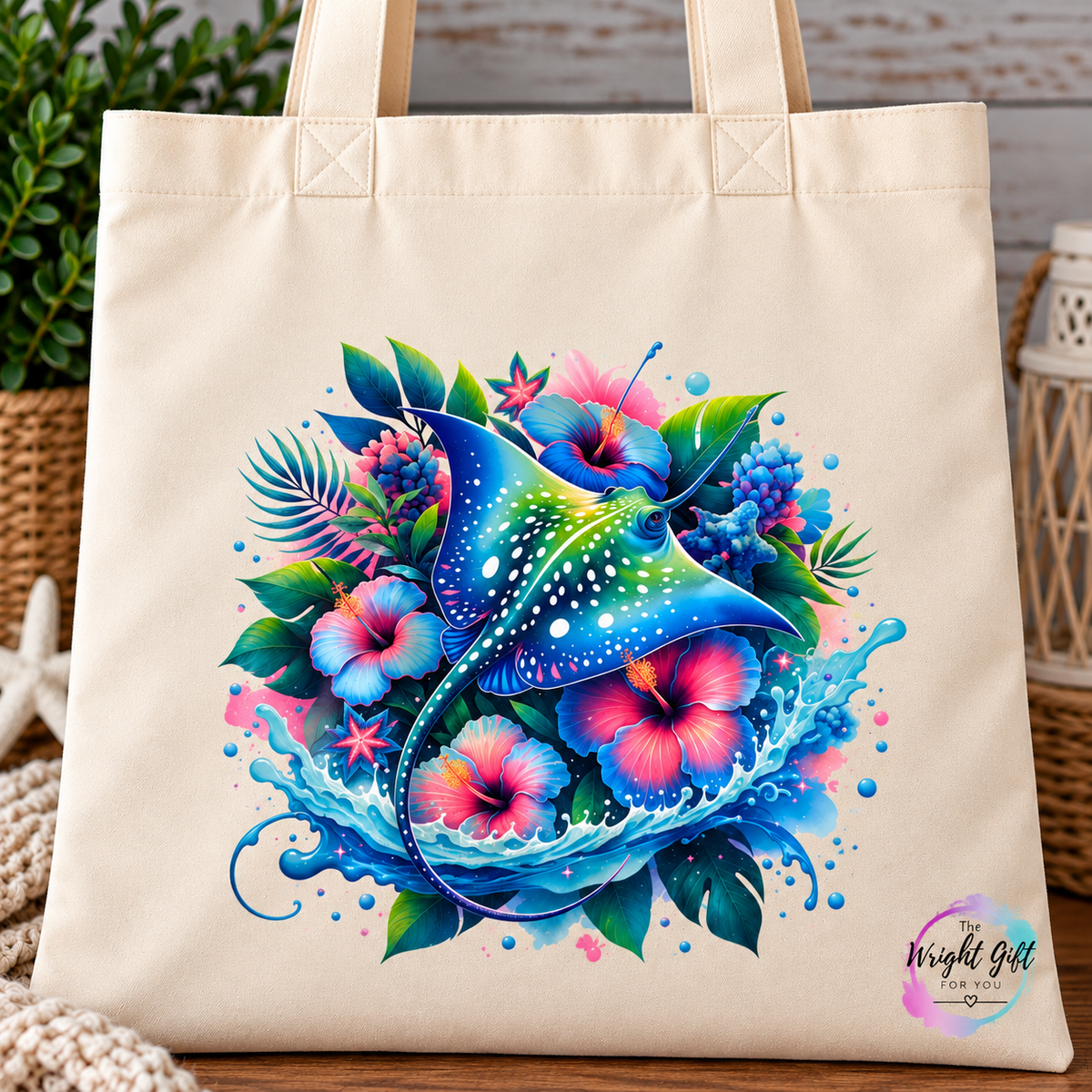 Tropical Stingray and Hibiscus Tote Bag