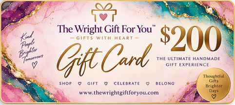 A $200 gift card from The Wright Gift For You, featuring a pink, purple, and teal marbled design with gold accents and text.