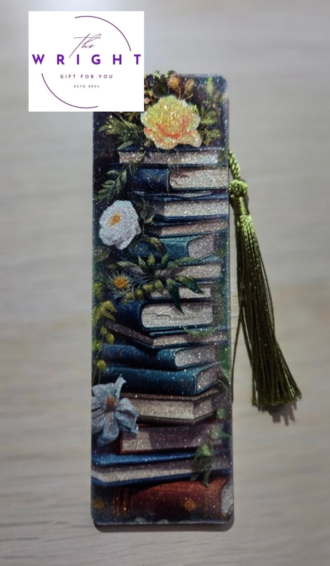 Dark Floral Book Stack Acrylic Bookmark #24