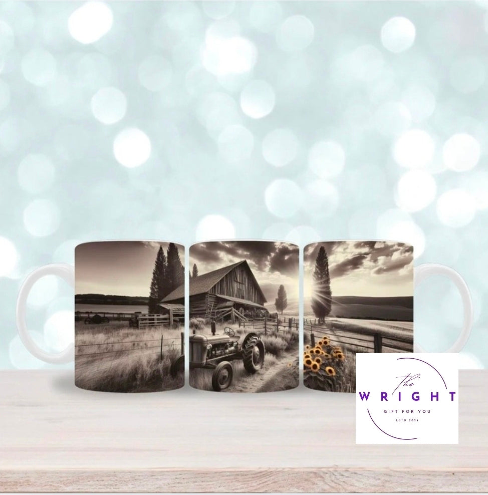 B&W Tractor and Barn Mug