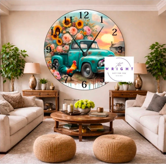 Decorative wall clock with a vintage truck and floral design in a living room setting.