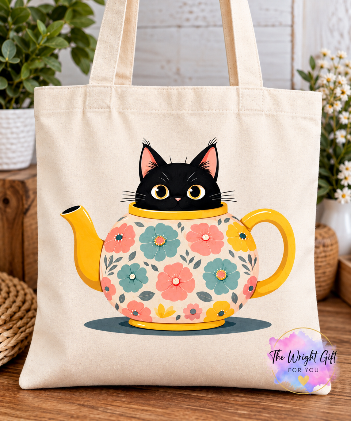 Black Cat in a Floral Teapot Tote Bag