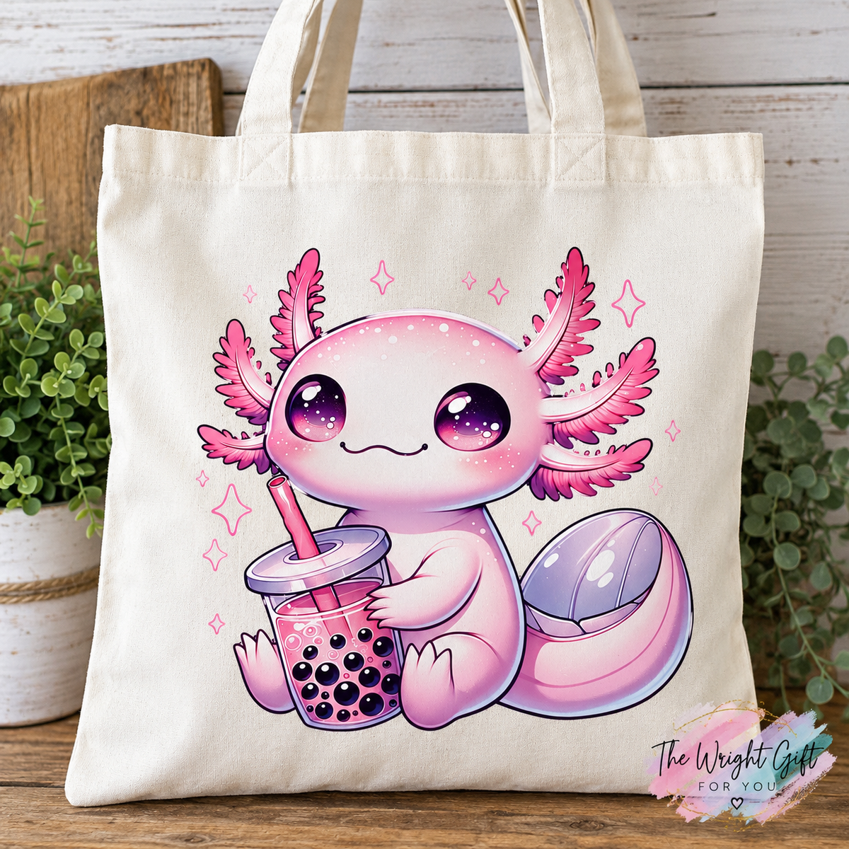 Pink Axolotl Bubble Tea Tote Bag
