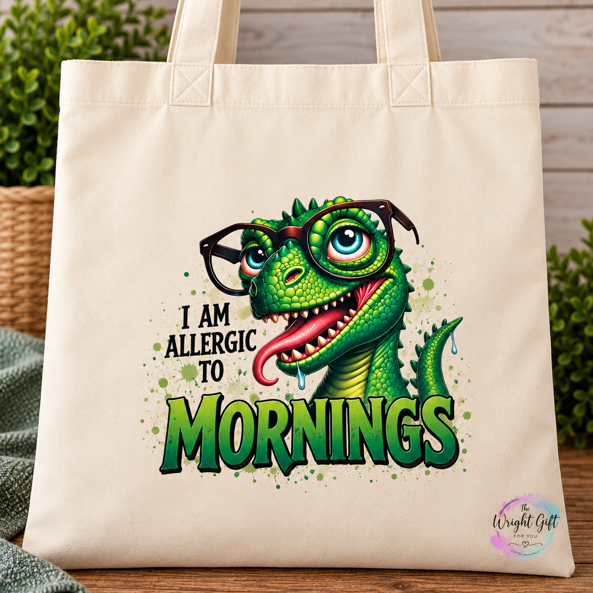 Allergic to Mornings Dinosaur Tote Bag