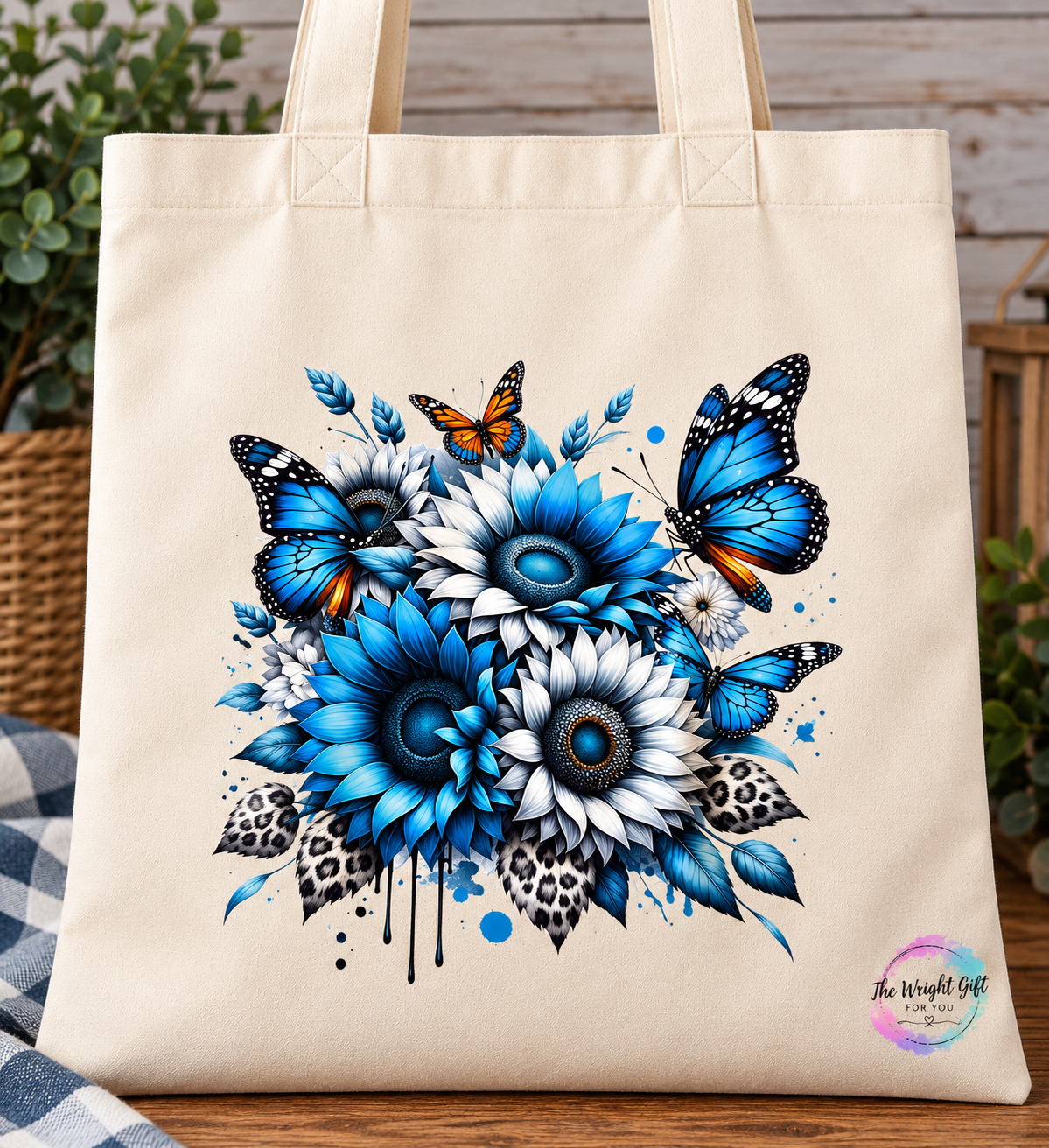 Blue Sunflower and Butterfly Tote Bag