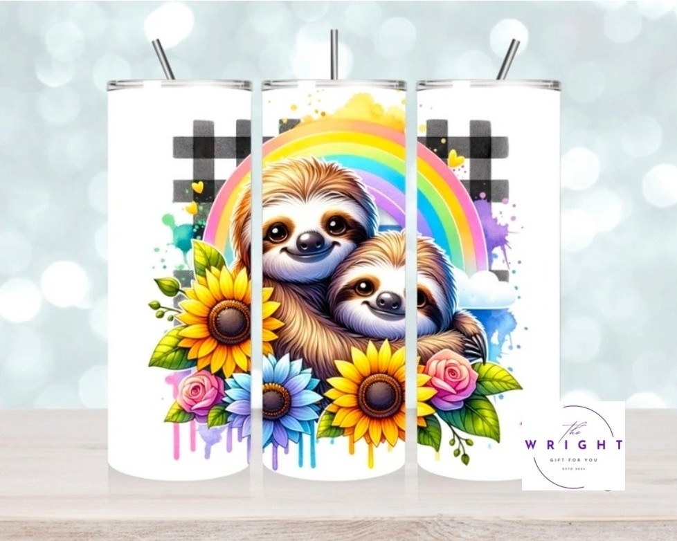 2 Rainbow Sloths with Flowers 20oz Tumbler