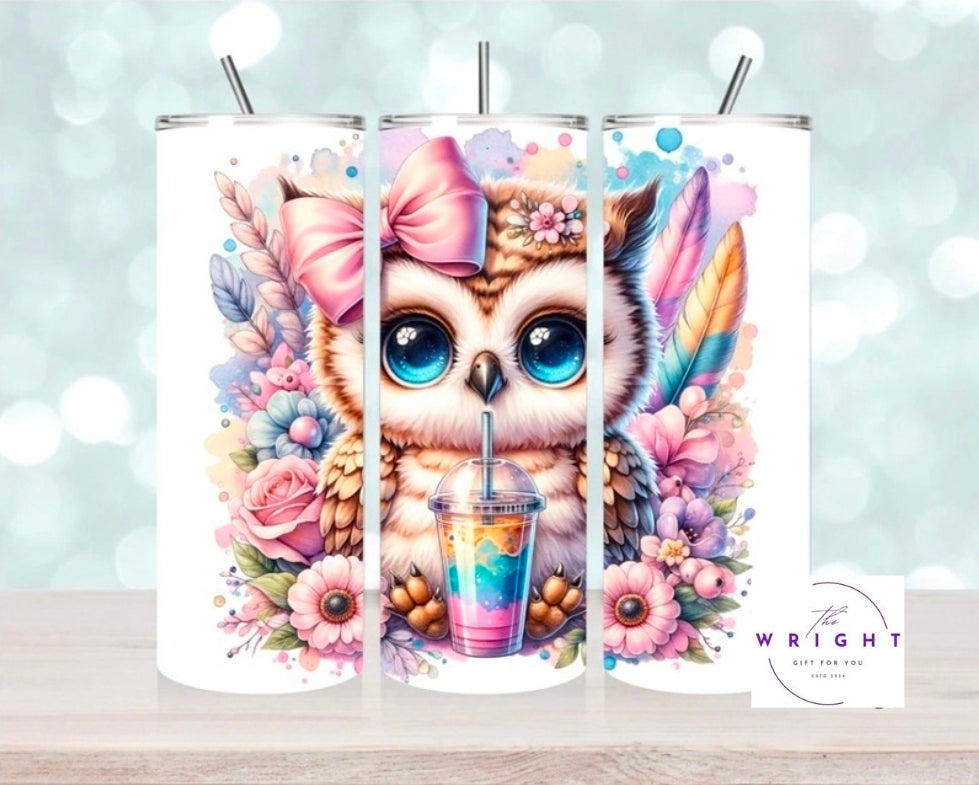 Pink Bow Bubble Tea Owl 20oz Tumbler