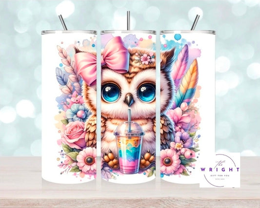 Pink Bow Bubble Tea Owl 20oz Tumbler