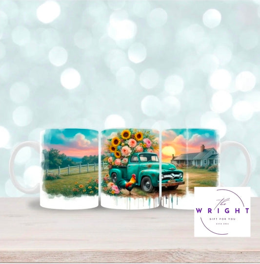Teal Truck with Flowers Mug