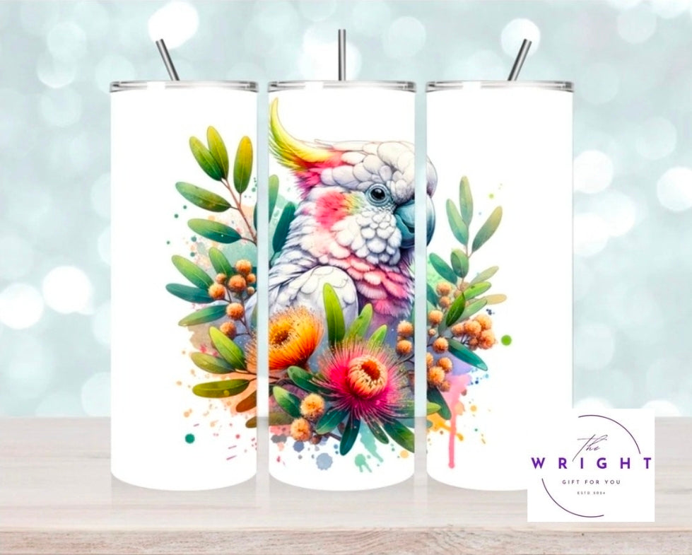 8. White Cockatoo with Red & Orange Flowers 20oz Tumbler